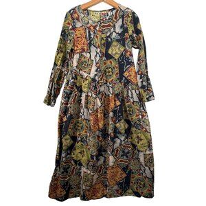 Maxi Dress L Artsy Art2Wear Boho Lagenlook Olive Green Geometric Print Pockets